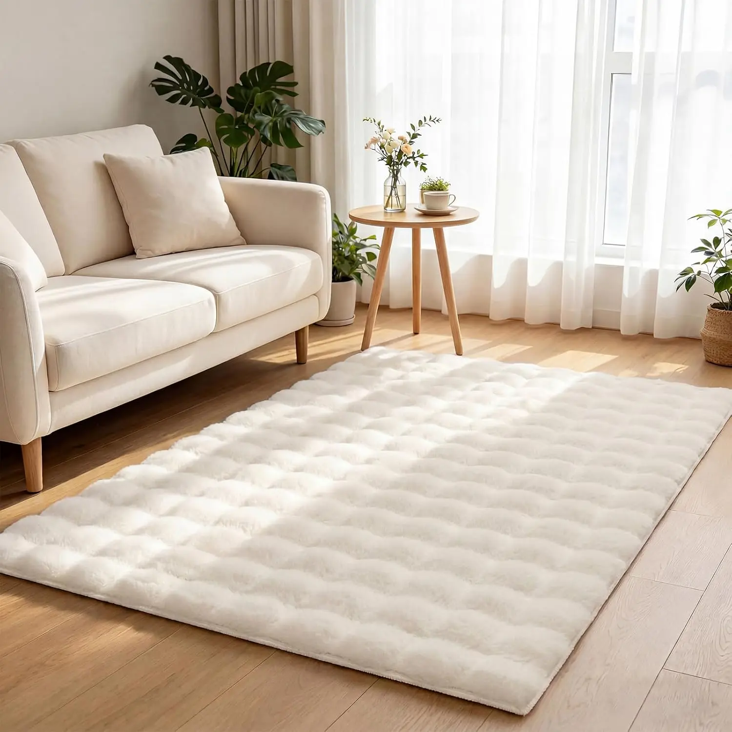 Cream 3x5 Synthetic Fiber Faux Shaggy Texture Single Rug - Non-Slip, Machine Washable, Cozy Cloud-Like Soft Modern Indoor Floor Carpet for Living Room, Bedroom Decor