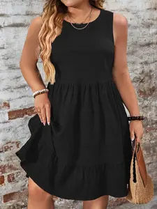 Women's Sleeveless Dress, Round Neck Pleated Design, Ruffled Hem, Slimming and Versatile Summer Fashion, Casual Wear, Casual Style, Beach Sundresses