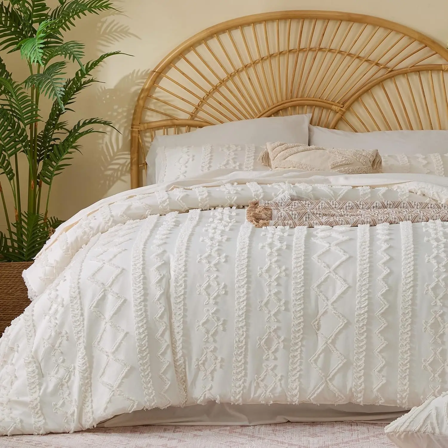 Queen Comforter Set 7 Pieces Cream White - Tufted Boho Bed in a Bag,Farmhouse-Style Embroidery Bedding for All Seasons,Soft Comforter with Sheets, Pillowcases & Shams