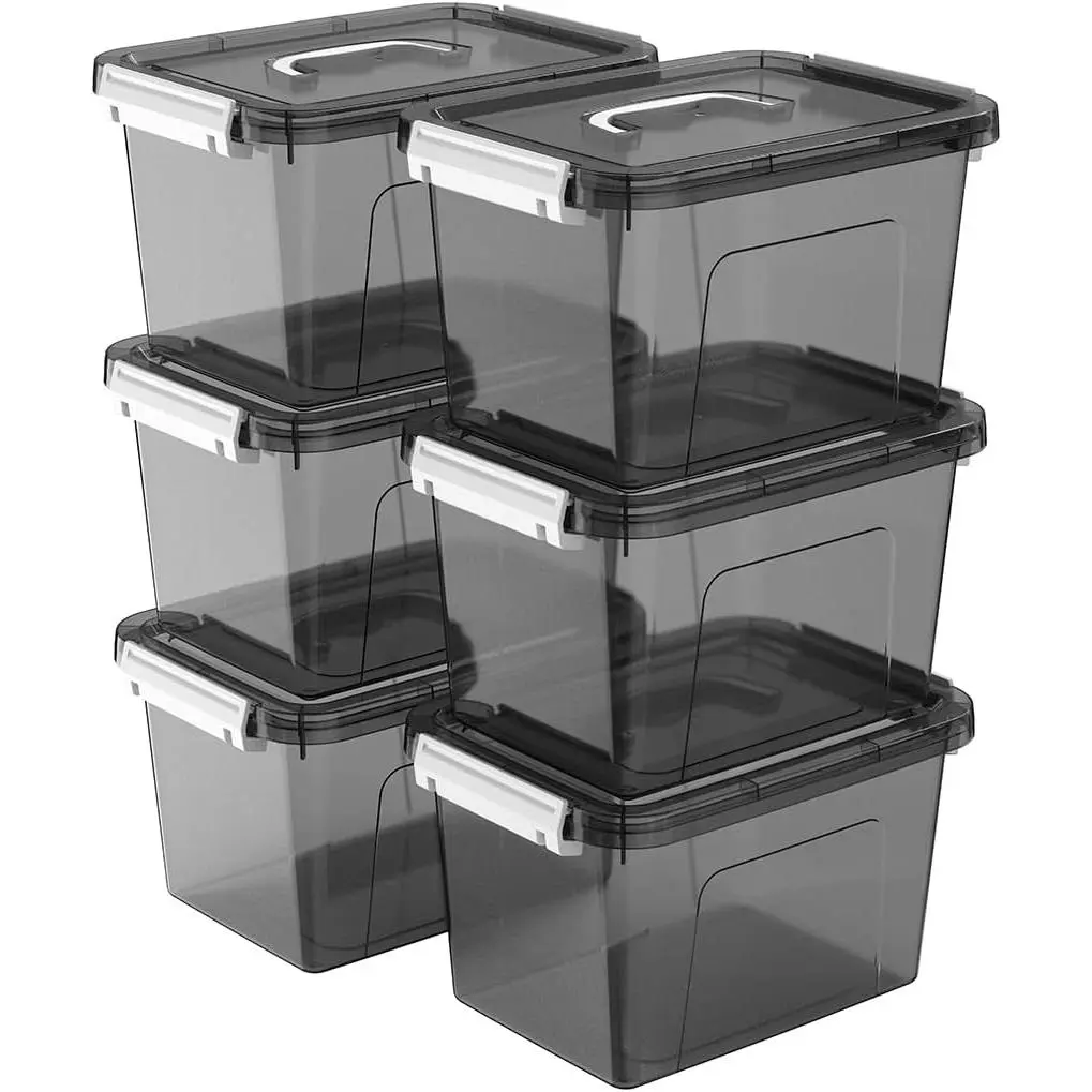 Stackable Plastic Storage Bins with Lids, 6 Pack Clear Black Small Organizer Boxes with Latches for Bathroom, Pantry, Office Desk and Small Item Storage