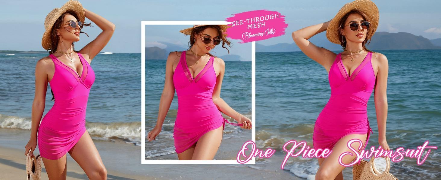 Women's Tummy Control One Piece Swim Dress Slimming Mesh Sheer Sarong Wraps Bathing Suit Modest V Neck Cut Out Swimsuit for Women 2026 - Womenswear Overalls Sleeveless Maternity Square rompers jumpsuit eyelet Rhinestone Off-Shoulder backless