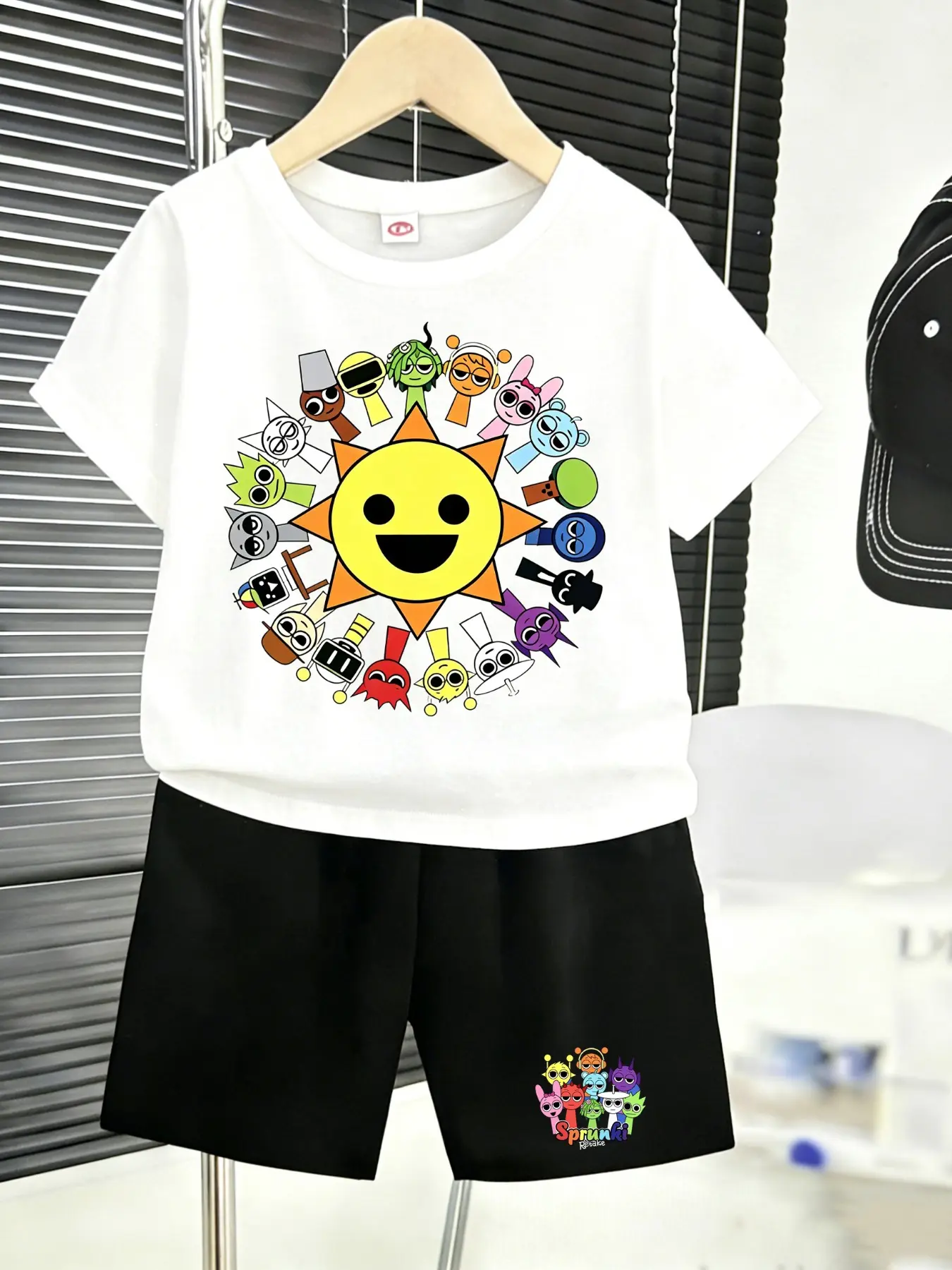Viral Trendy Sprunki Game Full Character Sun Matching Print Kids 2 Piece Summer Outfit, White Short Sleeve Tee + Black Shorts, Cool Daily Campus Vacation Wear, Hot Boys Girls Birthday Gift #GameKidsOutfit