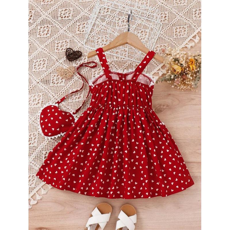 Young Girl Allover Heart Print Lace Trim Cami Dress With