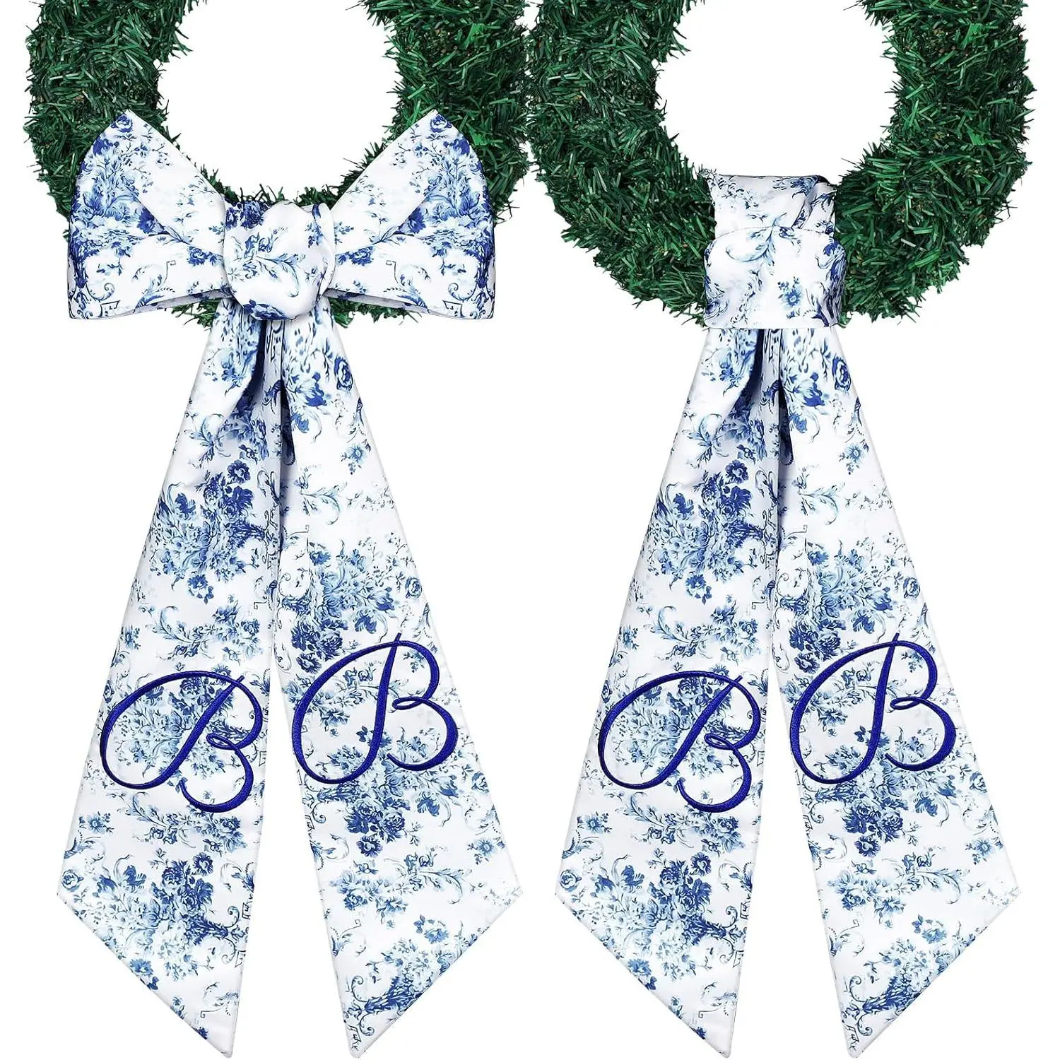 Monogram Wreath Sash, Embroider Letter B, 56 in Blue  2 count | Rustic Style, Exquisite Embroidery, Blue Toile , 56.2 Inch Size, Porch Yard Decor, Holiday, Wedding, Memorial