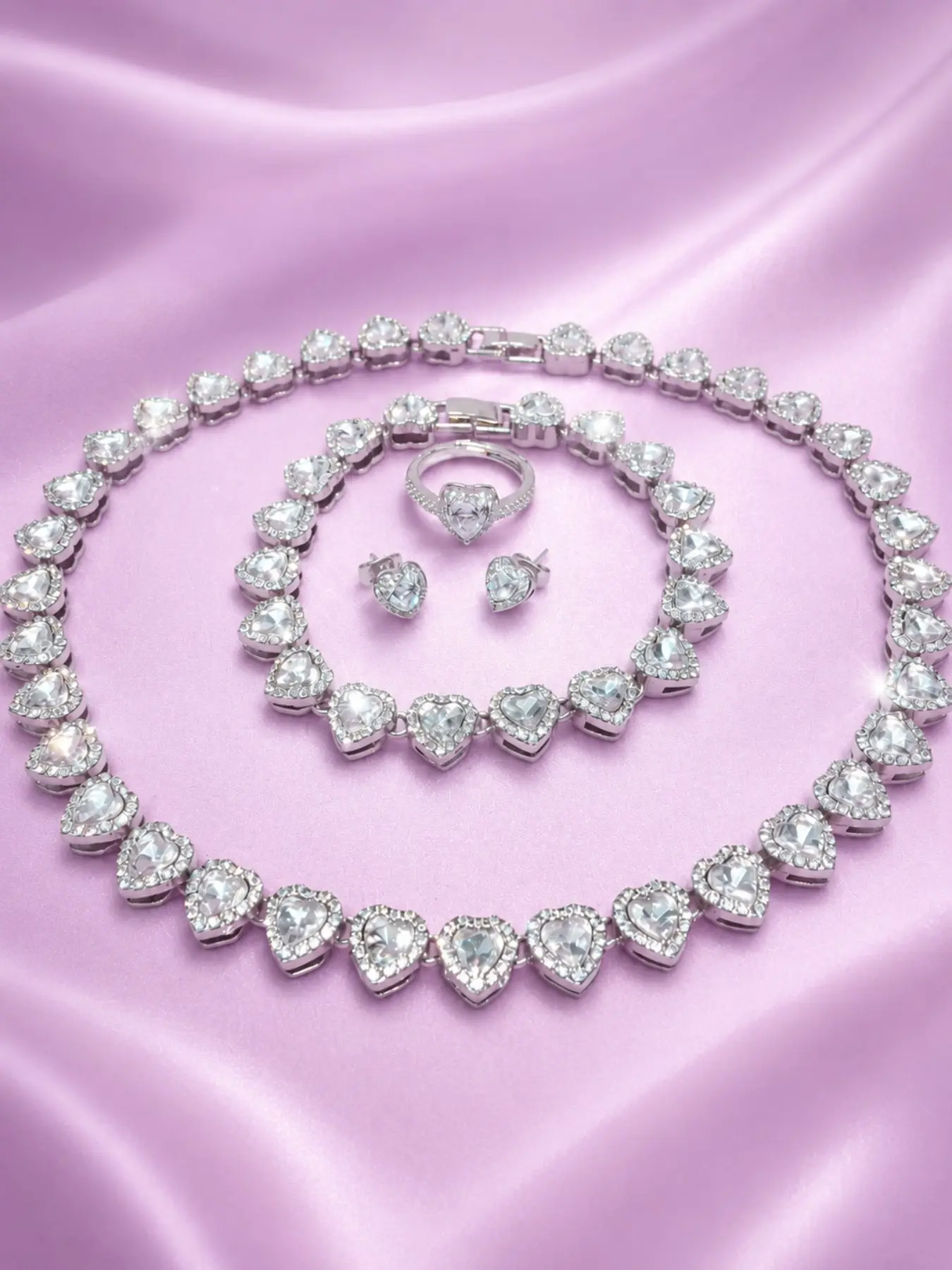 Iced Out Heart Tennis Necklace Set 5pcs, Silver Color Cz Crystal Jewelry, Bling Matching Set for Her, Gift Box Included, Perfect for Parties