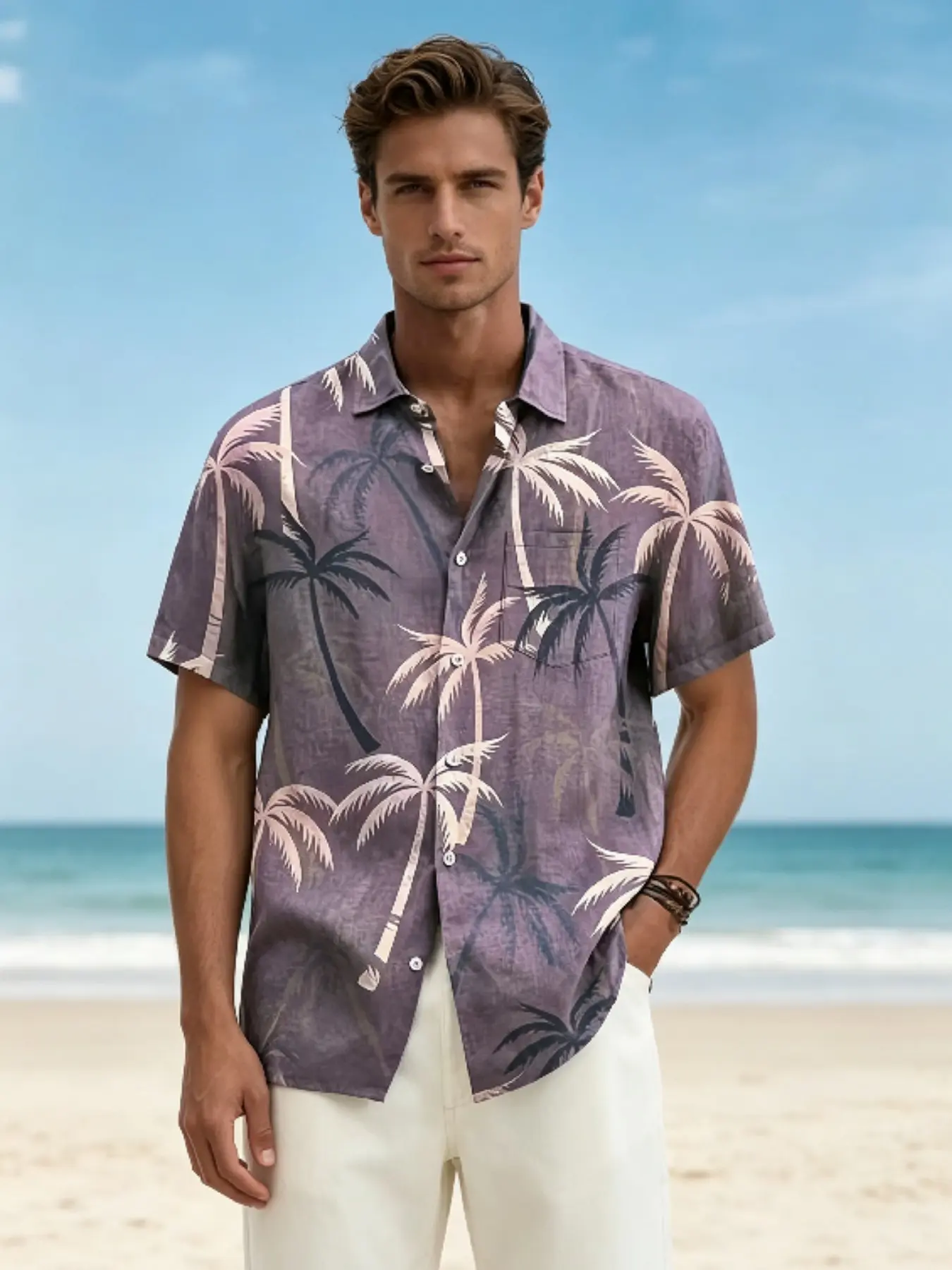 Men's Lapel Short Sleeve Button Up Shirt, Sublimation Vintage Coconut Palm Tree Print Loose Casual Shirt, Hawaiian Tropical Island Pattern Shirt for Beach Vacation Pool Travel Outfit