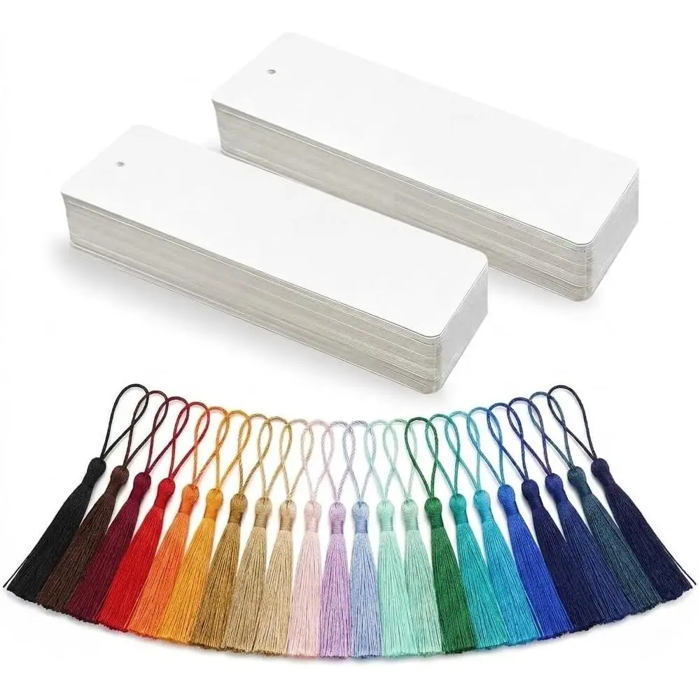 100 count Blank Bookmarks with Tassels, 400gsm Cardstock 5x15cm (2x6 Inch) White Blank Paper Bookmarks Bulk for DIY Crafts, Gifts & Classroom Projects