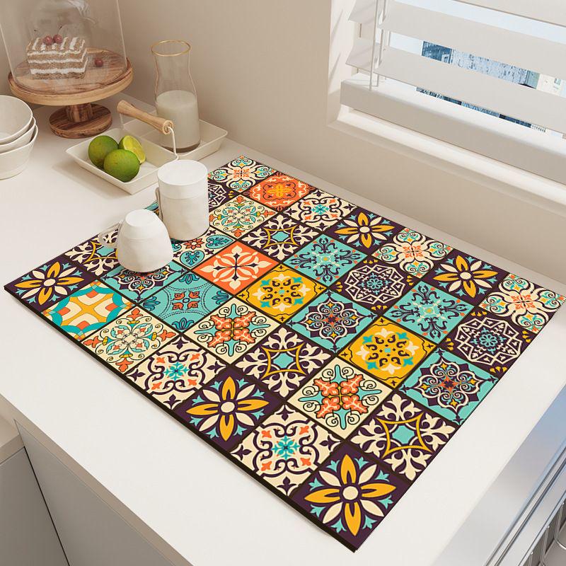 A Bohemian-style Drying Mat - Super Absorbent, Quick-drying, Non-slip, Heat-resistant Diatomaceous Earth Countertop Mat, Retro Mosaic Floor Mat, Suitable for Dining Tables, Coffee Machines, Washing Machines, Kitchens, Bathrooms, Stylish Home Decor.