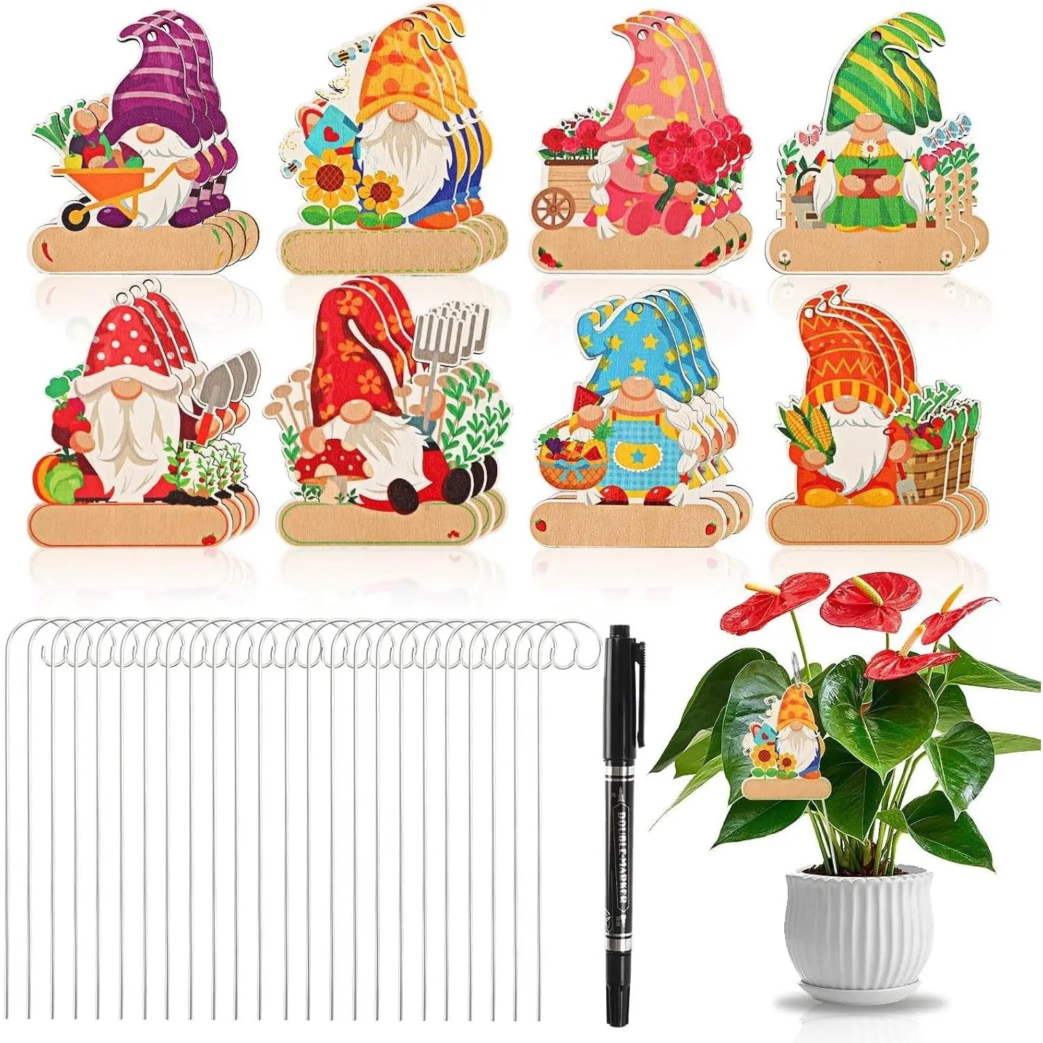 24 Pack Gnome Plant Markers for Outdoor Garden, Waterproof Wooden Plant Label Stakes Tags, Herb Name Tags with A Marker, Garden Supplies for Gardening Gifts