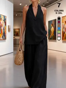 Summer Vibe! Elegant Chic Halter V-Neck Top & Flowy High-Waist Pants Set, Urban Fashion & Activewear Loungewear for Daily Wear & Travel
