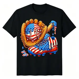Boys' Graphic T-Shirt, Patriotic Baseball Drip Ice Cream Print, Soft Cotton Crew Neck, Oversized Fit Tee for Youth