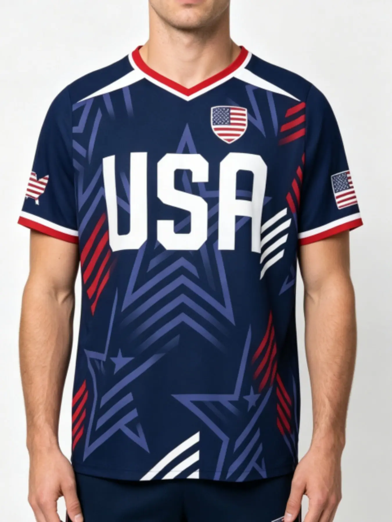 Men's Patriotic Star USA Flag Print V Neck Short Sleeve Sports Jersey, Red White Blue Casual Athletic Tee For Independence Day Sports Daily Wear, Bold Athletic Tee