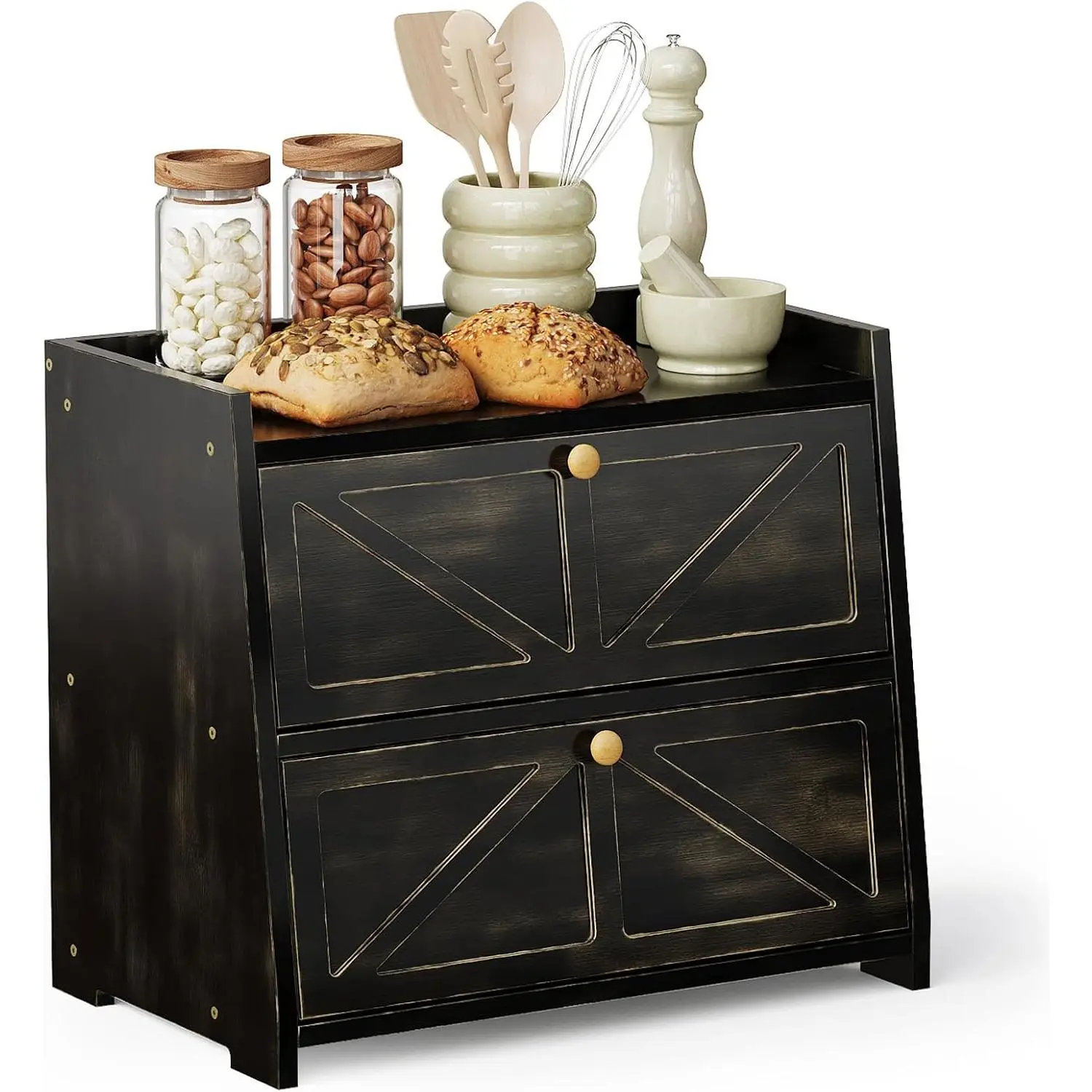 Double Layer Bread Box for Kitchen Counter  Bread Storage Container Large Capacity Bread Storage Bin (Antique Black)