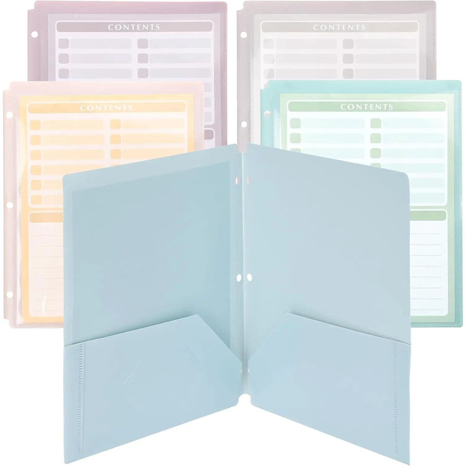 - 3 Hole Plastic Folders with 2 Pockets and Clear Front Pocket, 5 count | Plastic Pocket Folders for 3 Ring Binder, 3-Hole Punched Folder with Pockets for Letter Size Documents, Office Supplies