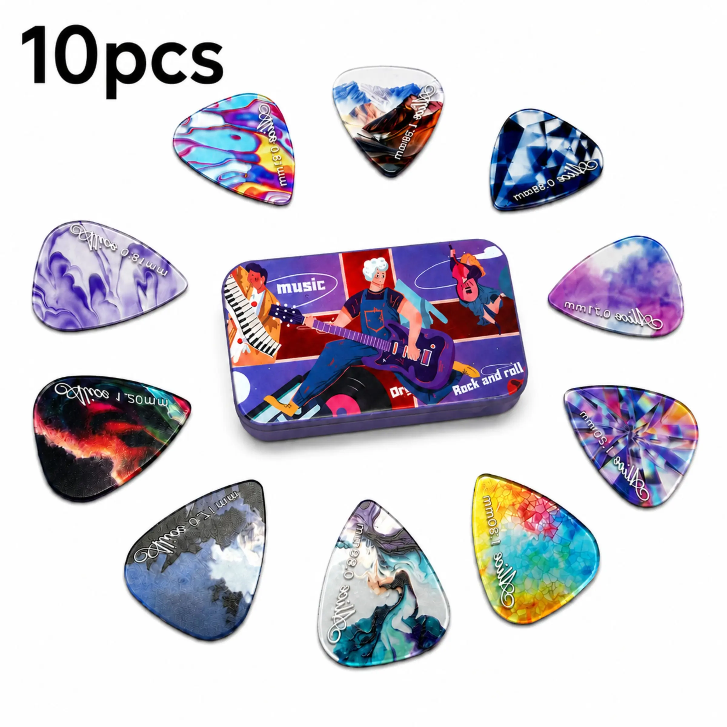 Guitar Picks 10 Pack with Tin Case, Mixed Thickness Colorful Picks for Acoustic & Electric Guitar, Gift for Beginners & Musicians