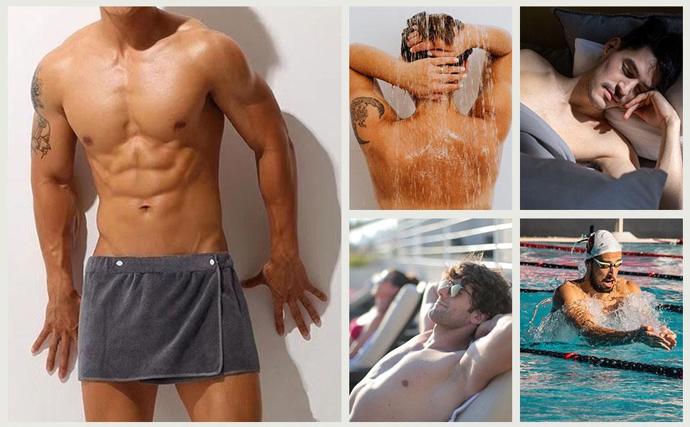 Men Boys Soft Wearable Bath Towel Short Pants Adjustable Mircofiber Towel Pool Beach Spa Bathing Shower Cover Up Wrap Around Towel (Grey)