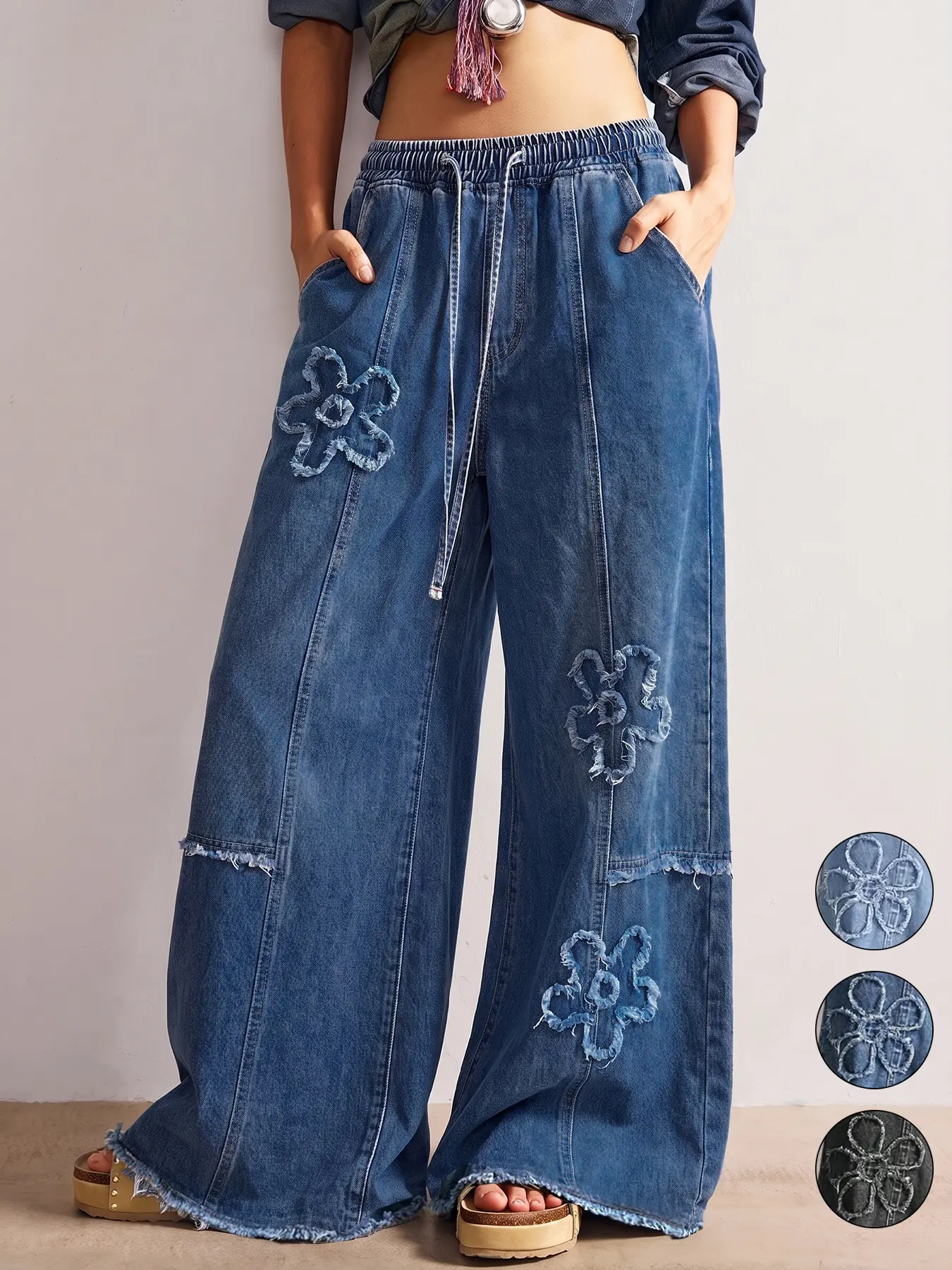 Women's Casual Floral Washed Vintage Baggy Wide Leg Denim Jeans, Comfortable Loose Fit Adjustable Drawstring Elastic Waist Pants for Everyday Wear