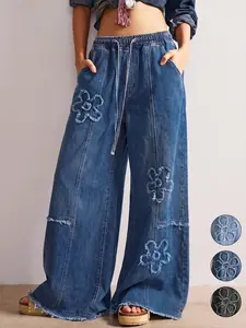 Women's Casual Floral Washed Vintage Baggy Wide Leg Denim Jeans, Comfortable Loose Fit Adjustable Drawstring Elastic Waist Pants for Everyday Wear
