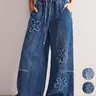 Women's Casual Floral Fringe Washed Vintage Baggy Wide Leg Denim Woven Loose Cut Jeans, Comfortable Loose Fit Adjustable Drawstring Elastic Waist Pants for Everyday Wear