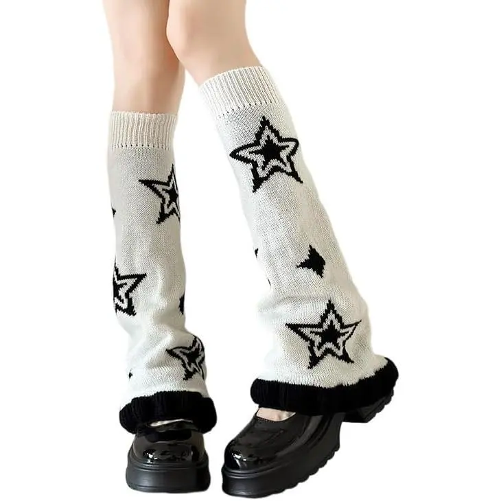 Women's Leg Warmers Star Pattern Knitted Y2k Japanese Kawaii Streetwear Harajuku Knee High Ruffle Trim Long Leg Sock
