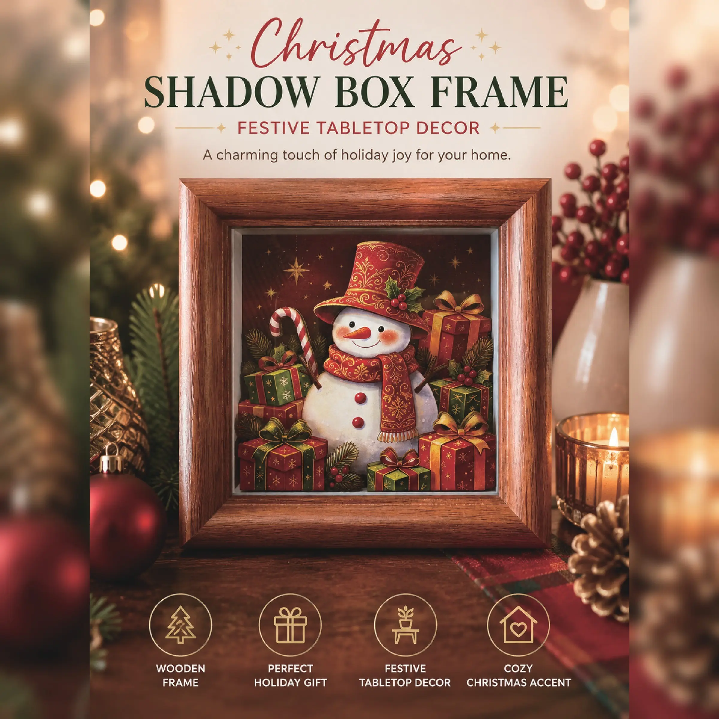 Christmas Snowman Wood Grain Frame Decor, 12cm Square Holiday Photo Frame, Christmas Desk Home Gift Decoration, Festive Ornament