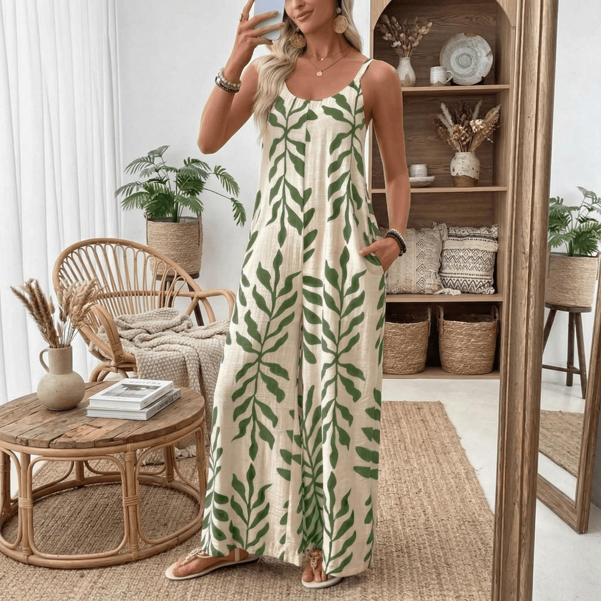 Women's Boho Tropical Print Jumpsuit, Sleeveless Wide Leg Beach Vacation Romper, Flowy One Piece Outfit