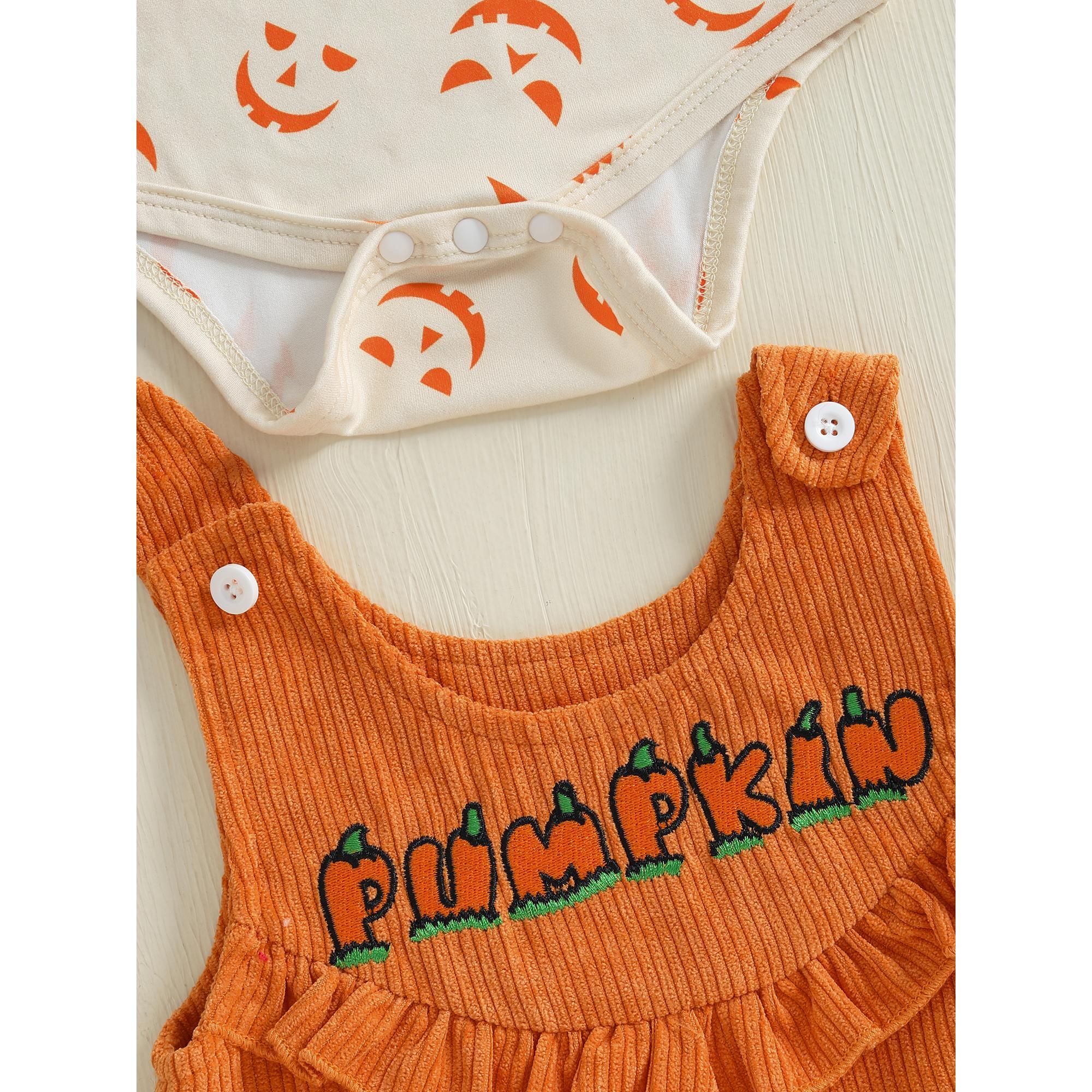 Baby Girls Clothes Set Long Sleeve Halloween Pumpkin Face Print Romper with Letter Embroidery Dress and Headband 3Pcs Outfit