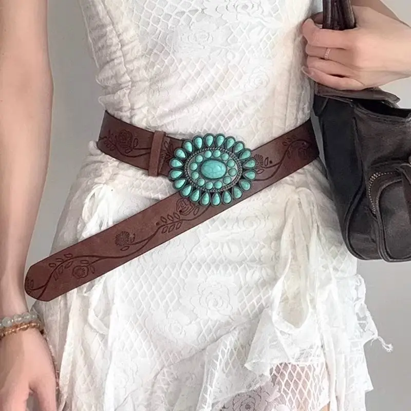 Western Boho Belt For Women Rose Print Turquoise Bead Alloy Buckle Personalized Pin Closure PU Leather Everyday Essential
