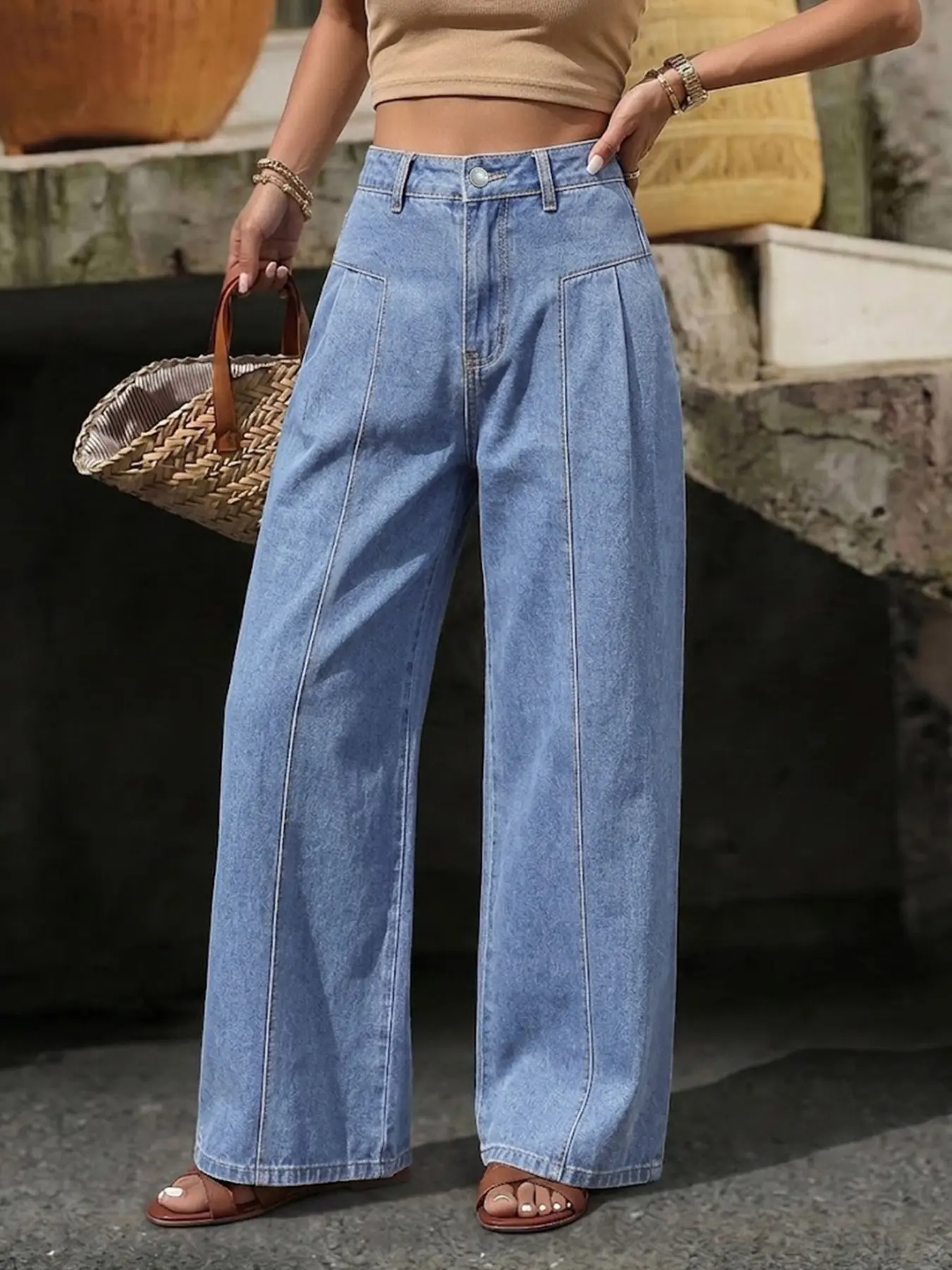 Women High Waist Seam Front Pleated Wide Leg Jeans, Non-Stretch Light Wash Baggy Denim Jeans, Casual Streetwear Trousers, Bottoms