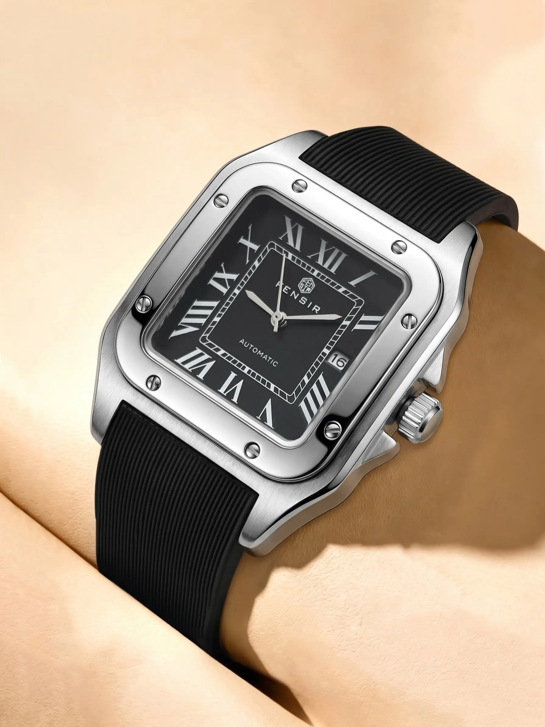 Stylish Square Men's Quartz Watch, Waterproof Calendar Business Wristwatch, Rubber Strap, Retro Roman Numerals, Casual Luxury