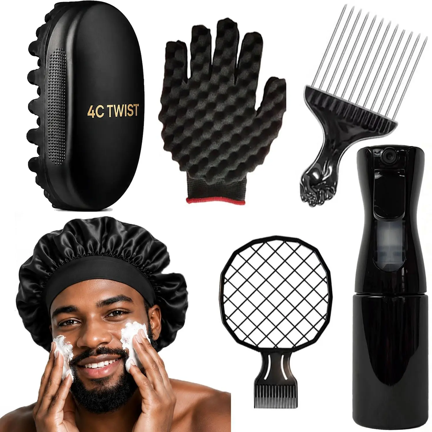 4C TWIST 6PCS Twist Sponge Hair Styling Kit with Spray Bottle, Satin Bonnet, Curl Glove, Hair Pick & Hair Gripper for 4C Curls, Coils & Twist Hair