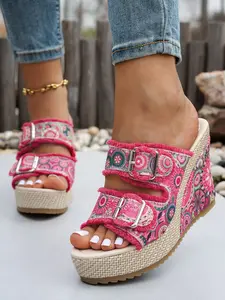 Boho Print Denim Fringe Buckle Wedge Slide Sandals, Women's Straw Platform Open Toe Mules, Summer Shoes, Less Than Ankle Height