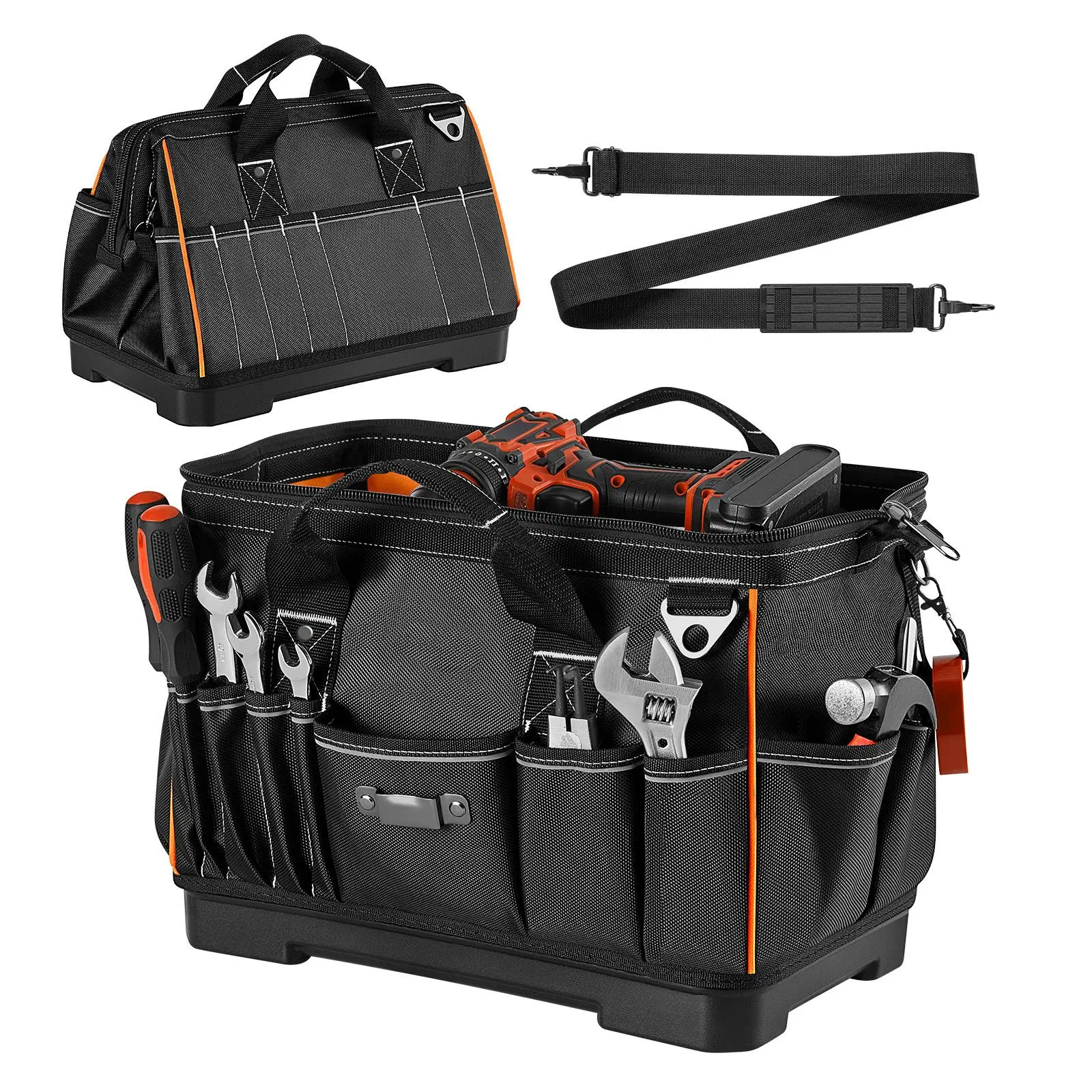 16.1-Inch Heavy Duty Polyester Tool Bag - Adjustable Multi-Pocket Organizer for Contractors with Water-Resistant Base, High Visibility Interior, Shoulder Strap & Tape Clip