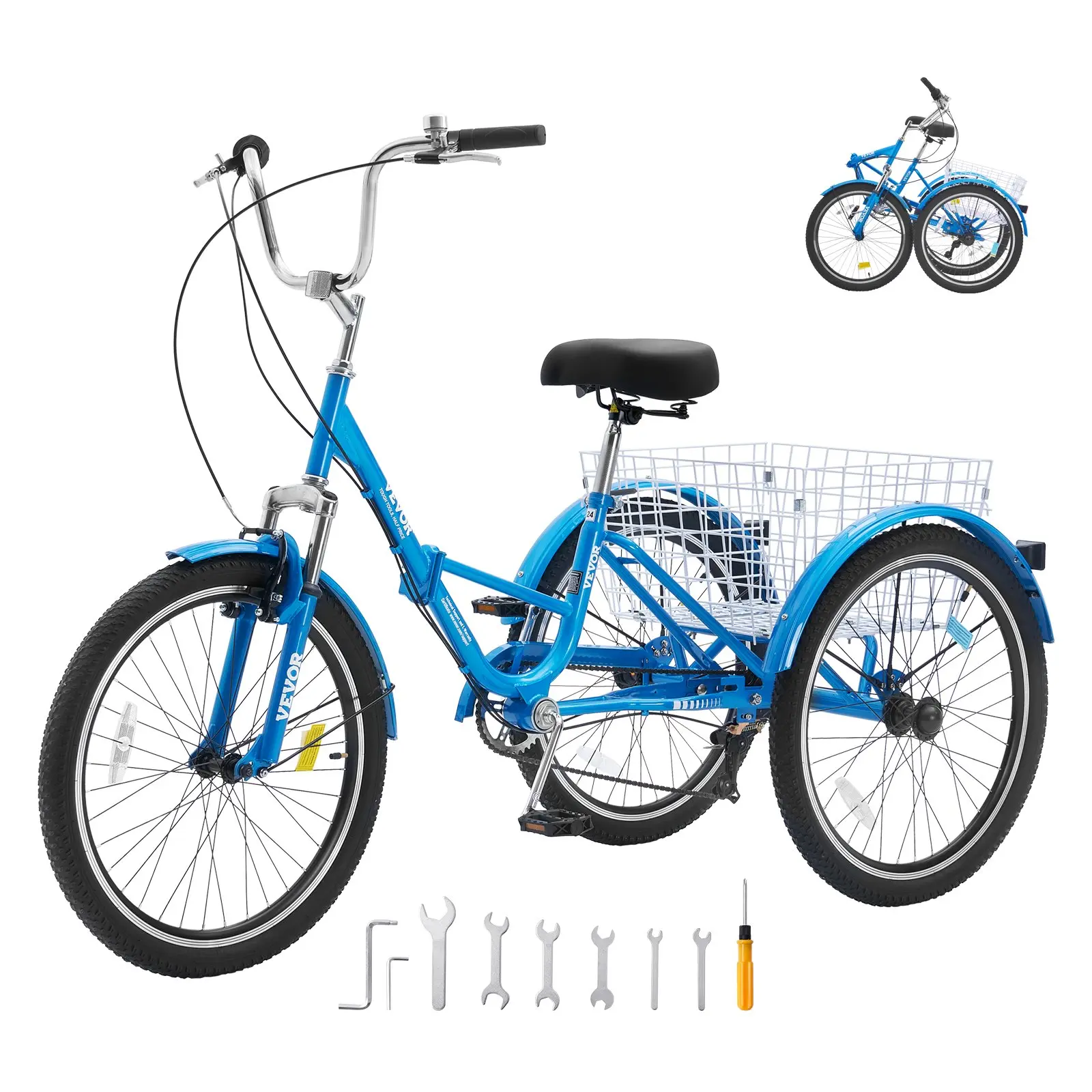 【DealsForYouDays】VEVOR Folding Adult Tricycle, 24-Inch 7-Speed Adult Folding Trikes, Carbon Steel 3 Wheel Cruiser Bike with Basket Adjustable Seat, Shopping Picnic Foldable Tricycles for Women, Men, Seniors (Blue)
