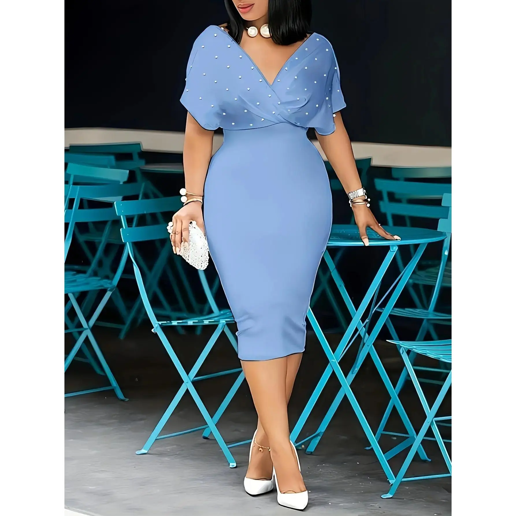 V Neck Midi Sheath Dress, Casual Afternoon Tea Dress, Women's Clothing