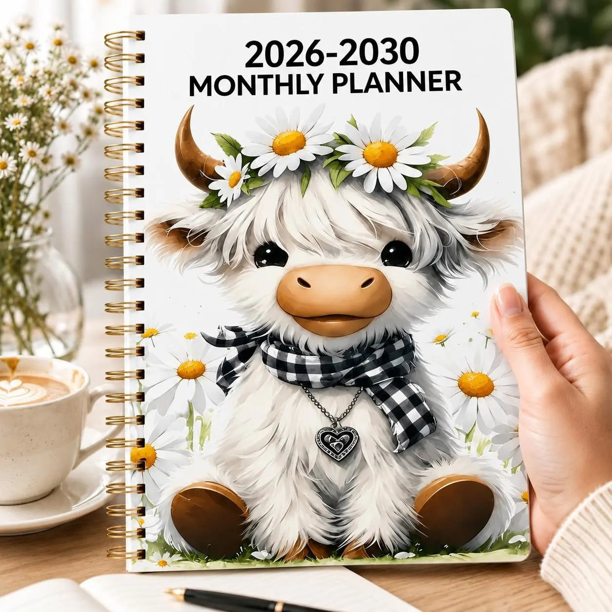 2026-2030 Monthly Planner, A5 5-Year Spiral Bound, Cute Highland Cow with Daisy Hat, Portable Organizer for Work, School, Home, Daily Use, Planner Notebook