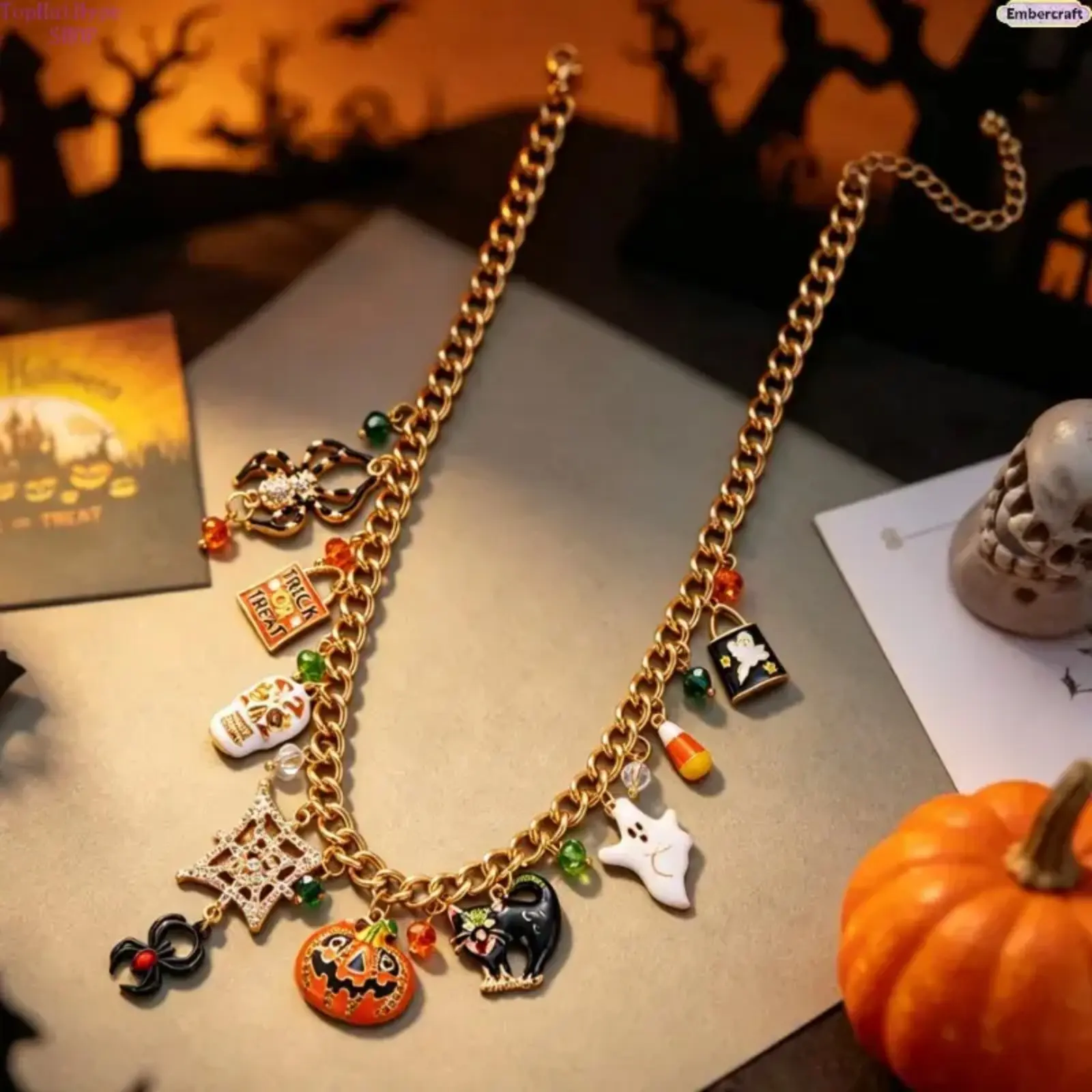 Female Gothic Multi-Charm Halloween Necklace - Black Metal Chain Jewelry with Pumpkin, Black Cat, Spider, Coffin, Skeleton Charms - Spooky Statement Costume Accessory for Halloween Party, Holiday Gift, Gothic Motifs