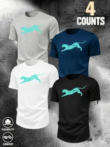 Polygon Cheetah Line Print Loose Fit T-Shirt Set, Casual Long Sleeve Top, Streetwear & Light Sportswear, Soft Comfort Tee for Men