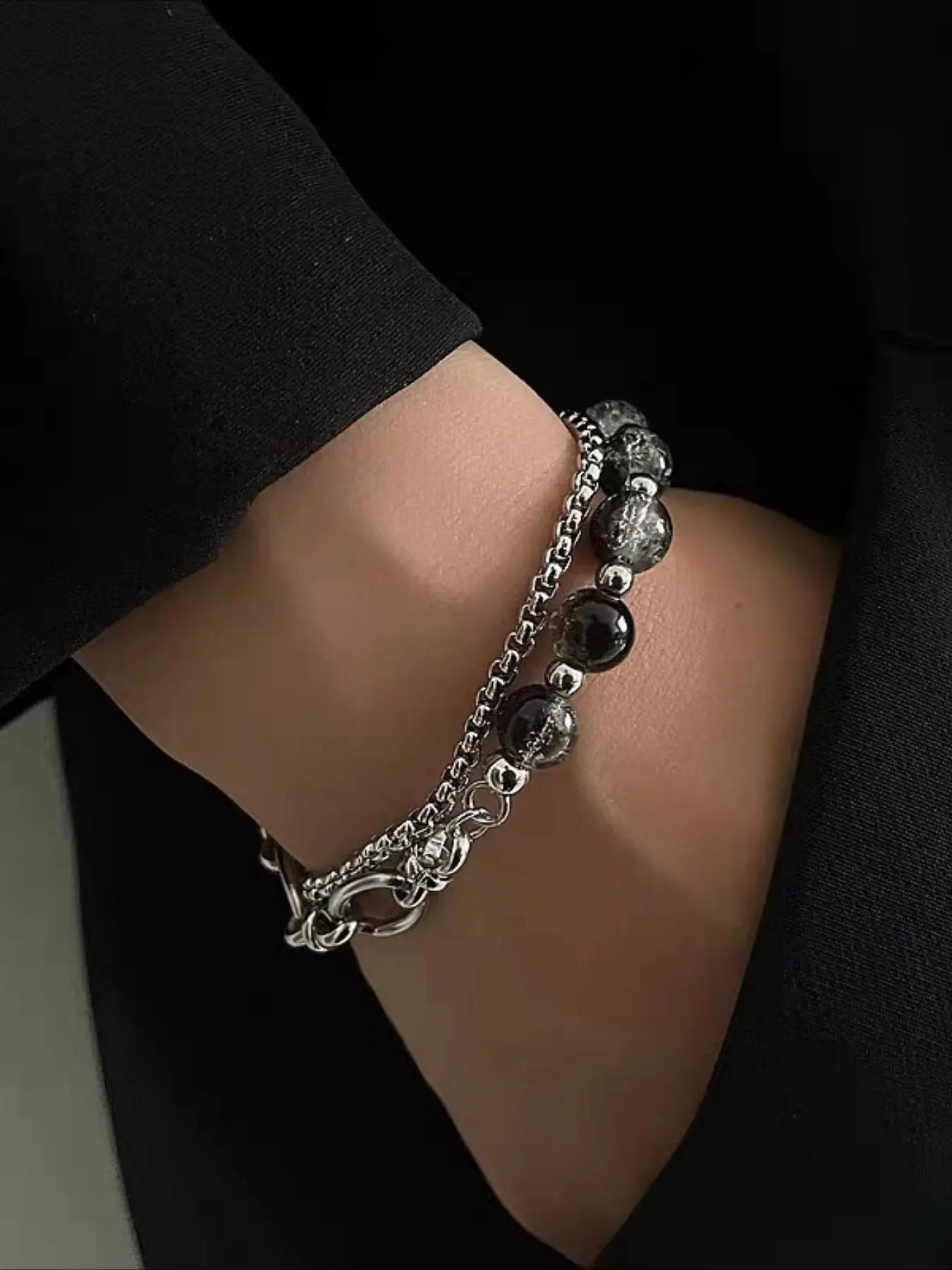 Vintage Cracked Bead Bracelet, Unisex Stainless Steel Double Layer Chain, Fashion Hip Hop Jewelry, Stylish Accessory for Men and Women
