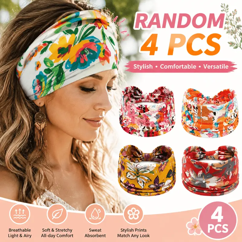 Random 4 Pcs Bohemian Fitness Running Yoga Headbands, Anti Sweating and Moisture Absorbing Headbands, Women's Forehead Protection Elastic Headwear