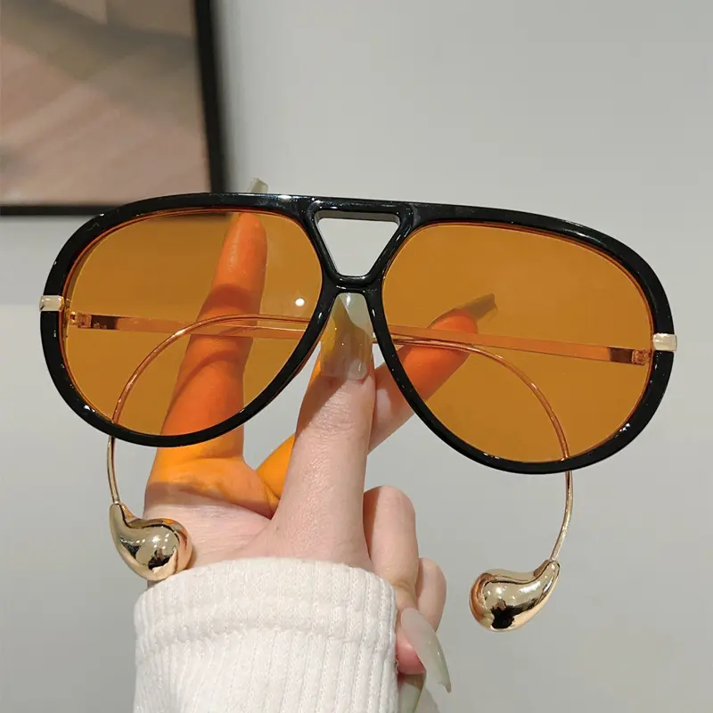 Effortless Teardrop Metal Temple Oversized Aviator Sunglasses Face Slimming Amber Tinted Lenses Lightweight Retro Double Bridge Eyewear Summer Party Outfit