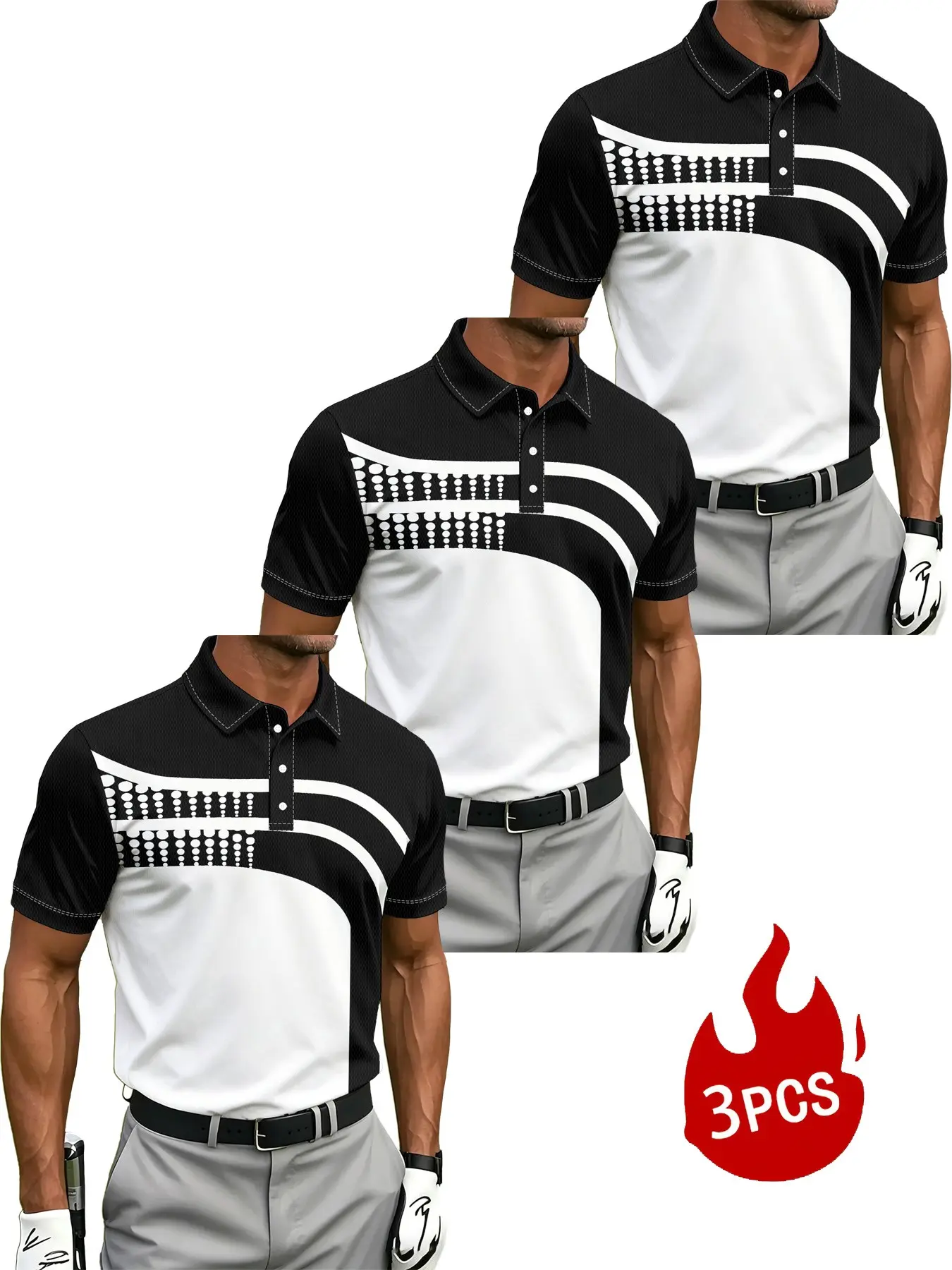 3-Pack Men's Golf Polo Shirts, Quick-Dry Short Sleeve, All-Over Print, Casual Fitted, Ideal for Golf Course, Business, Outdoor Leisure
