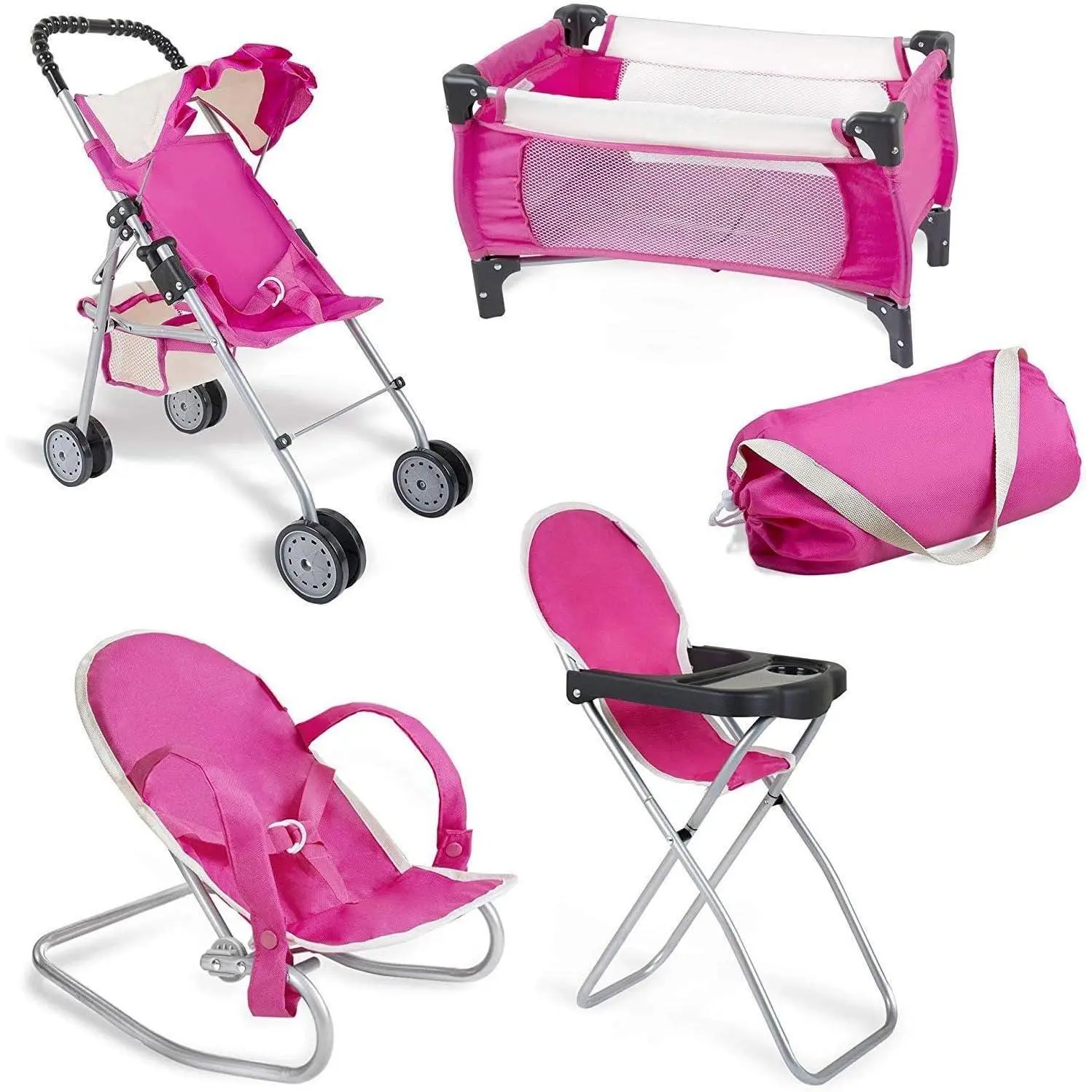 4 Piece Pink Baby Doll Set, Includes - 1 Pack n Play with Carry Bag, 2 Doll Stroller, 3 Doll High Chair, 4 Infant Seat