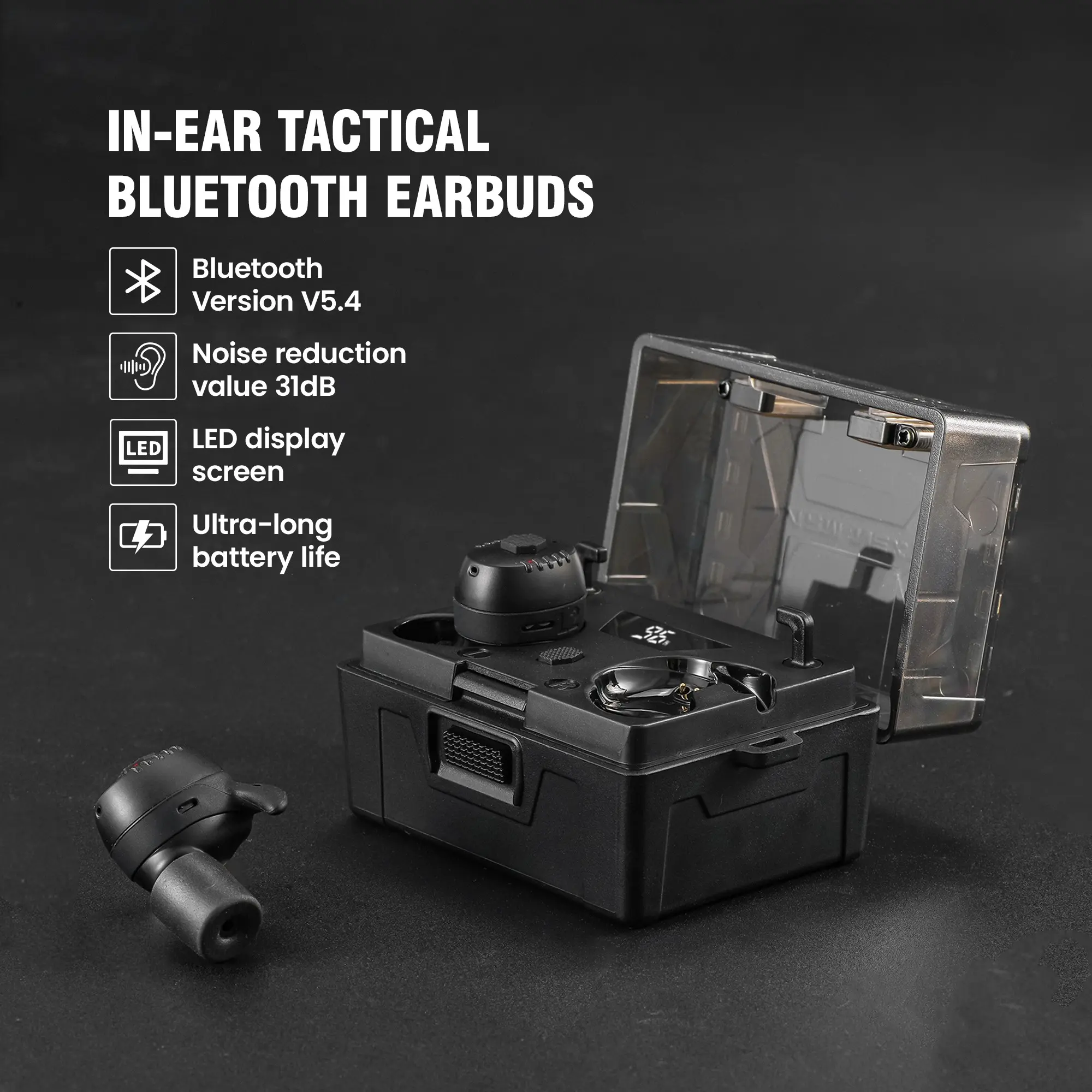 Tactical Noise-Canceling Bluetooth-compatible 5.4 Earphones, 31db Silence, LED Display, Long Battery Life, Essential for Shooting, Gaming, Outdoor Activities