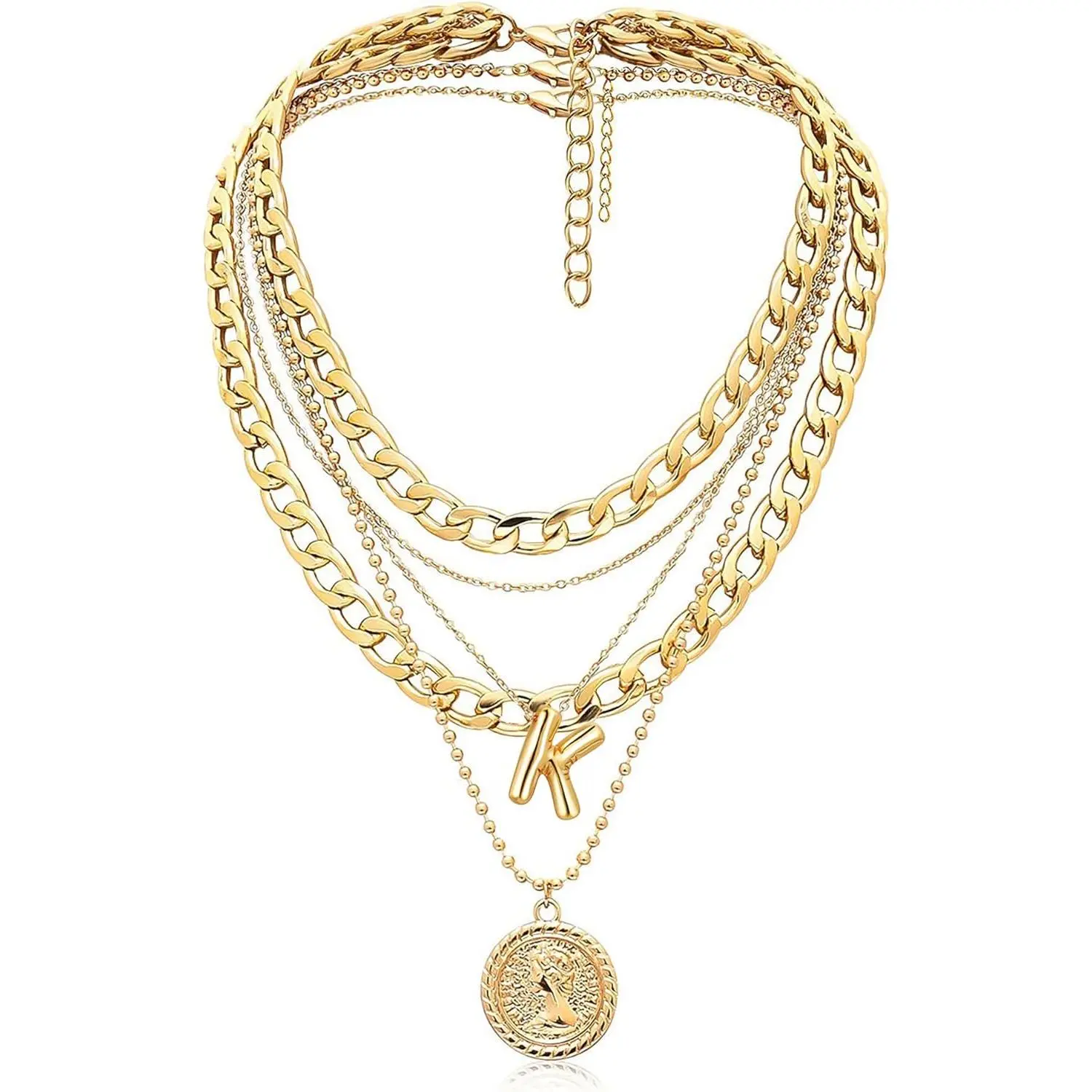 Women's Multi-Layered Choker Necklace - Balloon-Shape Initial Letter Coin Pendant, Chunky Chain Jewelry for Birthday Gifts