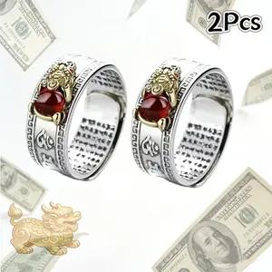 2Pcs Vintage Pixiu Feng Shui Ring Set for Men Women, Adjustable Stainless Steel Band Rings, Engraved Heart Sutra Lucky Wealth Attracting Protection Amulet Jewelry Gift