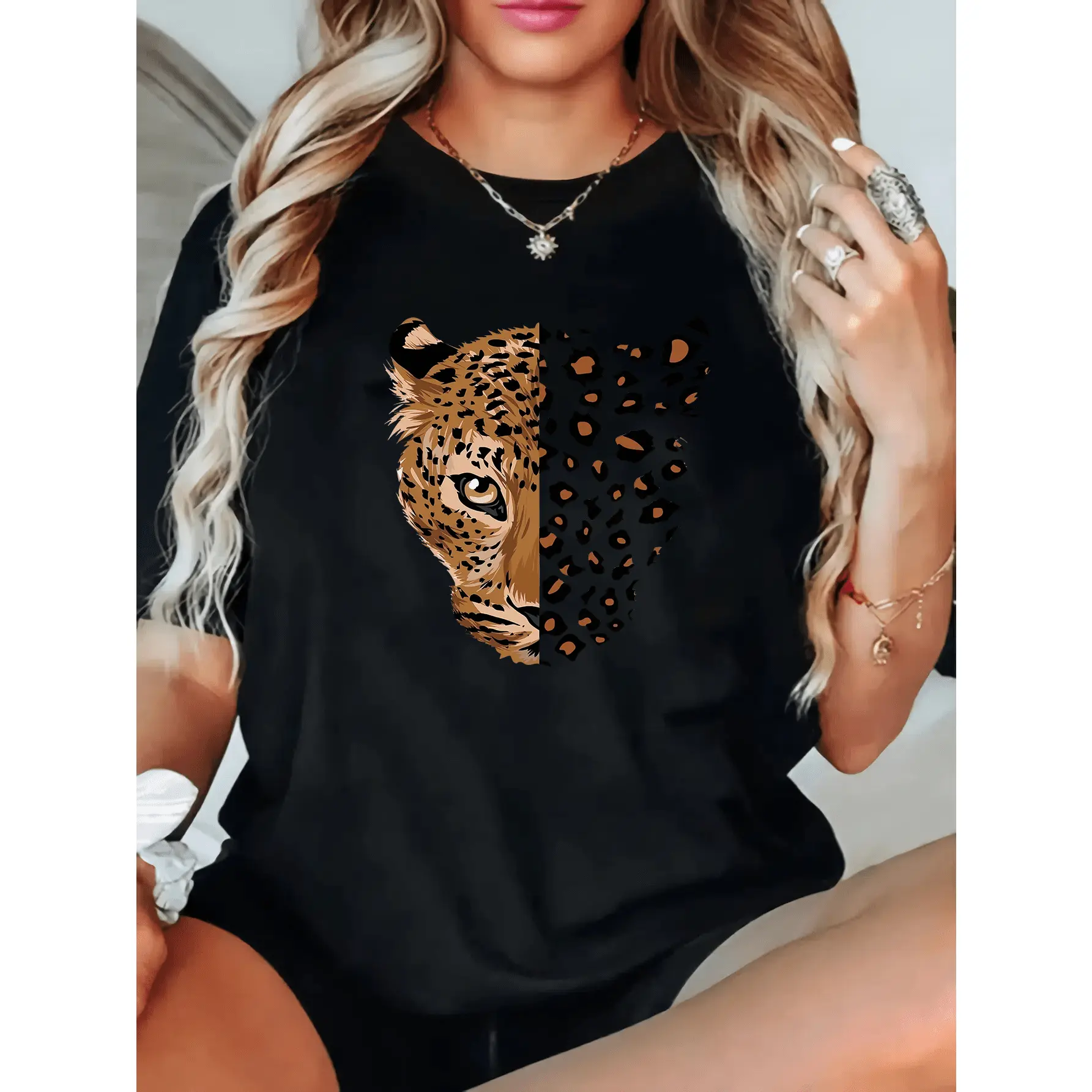 Plus Size Leopard Print T-Shirt for Women - Casual Crew Neck, Short Sleeve, Stretchy Polyester Blend, Machine Washable - Spring/Summer Fashion - For Fashionable Women - Perfect for Casual Outings & Everyday Wear - Great Gift for Birthday & Holidays