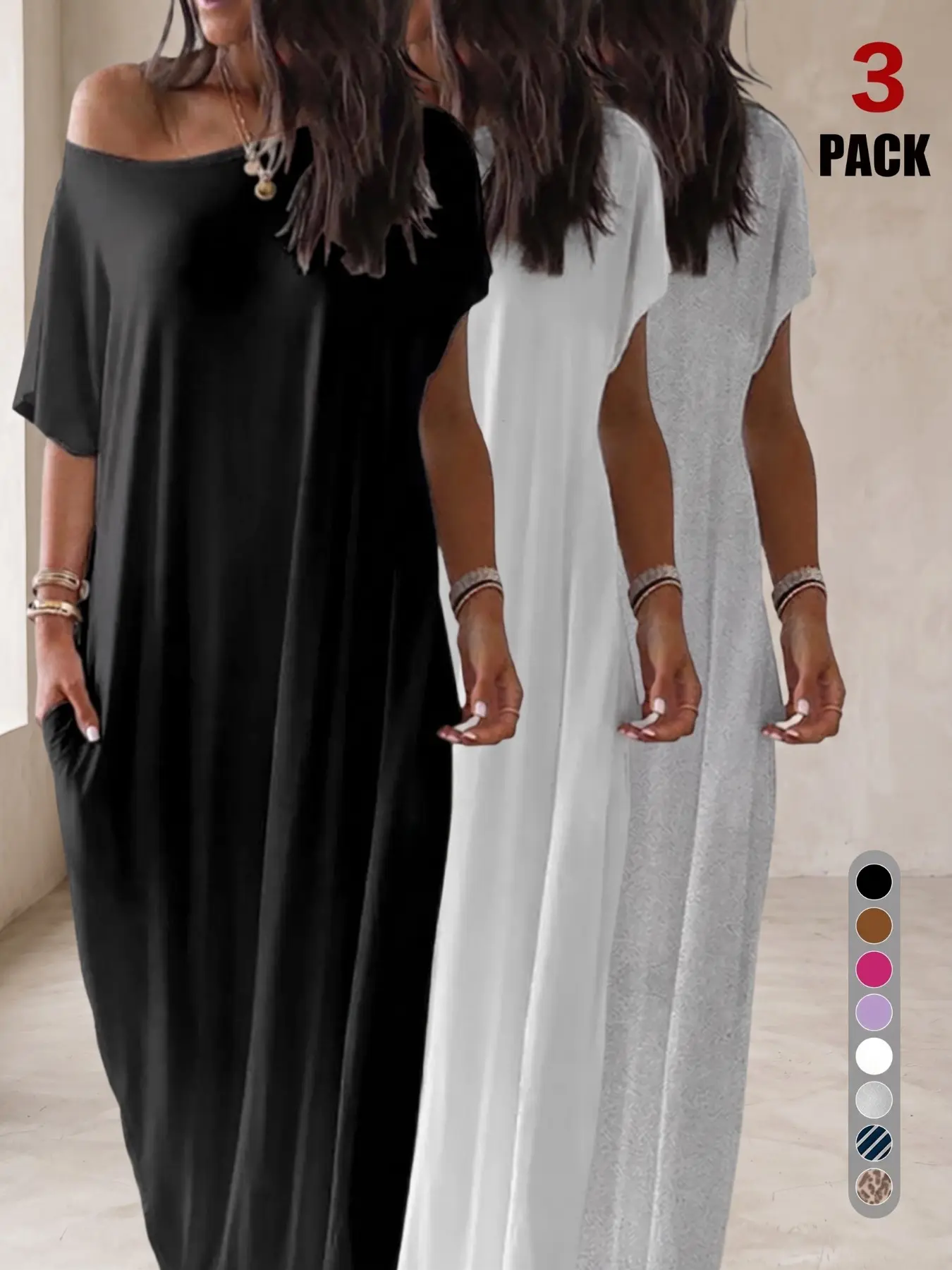 Women's Solid Color Batwing Sleeve Casual Dress, Comfortable Short Sleeve Sleepwear, Four-Season Ladies' Nightgown, Multiple Patterns Available
