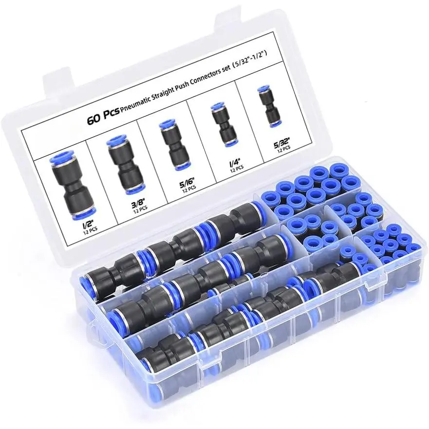 60Pcs Quick Connect Air Hose tings 5/32 1/4 5/16 3/8 1/2 inch Quick Release Pneumatic Push to Connect tings Kit Air Line tings  5/32 1/4 5/16 3/8 1/2 inch Tube