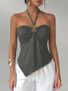 Women's Spiral Metal Decor Halter Tube Top, Ruched Front Irregular Hanky Hem, Slim Fit Cami for Stylish